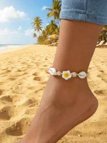 1条女士亚克力贝壳脚链，波西米亚风格手工软陶瓷花朵，粉色/蓝色/白色可选，适合日常佩戴、海滩、假日、情人节、生日、度假礼物 - 白色 - 查看 3