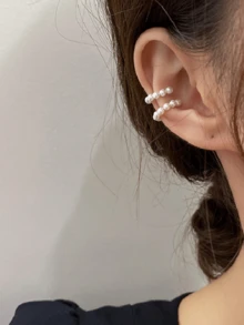 1 Pair Faux Pearl Clip-On Earrings, Bone-Shaped C-Shaped Earrings, Minimalist & Fashionable, Suitable For Women, Fashion Accessory, Birthday Gift, Daily Wear (Random Pearl Quantity) - Gold - View 5