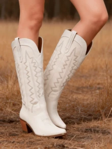Womens Jaripeo White Cowboy Boots Women Comfortable Retro Pull On Pointed Toe Wide Calf Long Tall Block Chunky Heel Embroidered Boots Country Concert Festival Shoes - 白色 - 查看 9