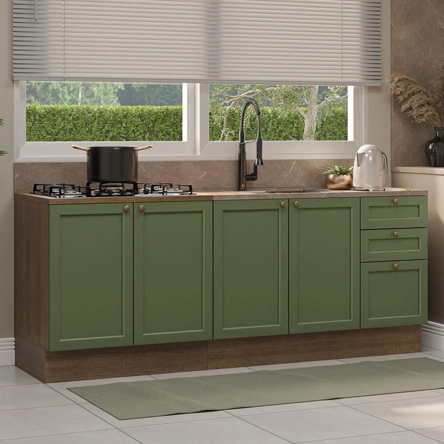Kit 2 Muebles De Cocina Madesa Vik 200cm Sin Lavadero MV - Marrón y Verde - Ver 1