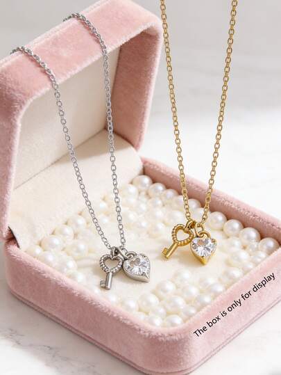 1pc Elegant Stainless Steel Pendant Necklace With Glass Inlaid Lock & Key Design, Suitable For Women's Daily Wear, Weddings, Engagements, Or As A Valentine's Day Gift For Loved Ones