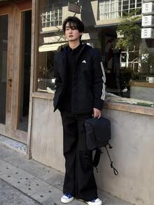 adidas 三條紋字母Logo印花復古夾克棉服 男款 黑色 - 黑色 - 查看 7