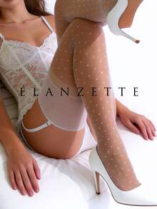 女士纯尼龙大腿袜，饰有植绒波点图案——性感可爱的透明丝袜，采用纯尼龙材质和贴合脚型的设计——无需吊袜带——完美适用于日常穿着、派对、约会和特殊场合。 - 白色 - 查看 7