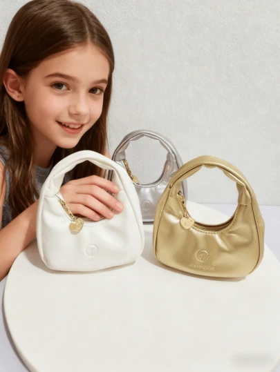 Bolso de mano en forma de media luna de moda para niños, bolso de hombro casual para niñas, monedero, estuche para lápiz labial, bolso personalizado suave, regalo para vacaciones, dorado, plateado, blanco, negro, rosa, bolso lindo