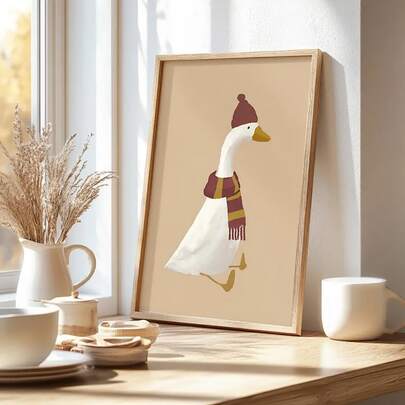 Juego de 1 póster vintage acogedor de ganso, bufanda y sombrero, arte animal, decoración de pared caprichosa para la guardería, impresión artística para habitación de niños, lienzo sin marco para sala de estar, dormitorio, dormitorio