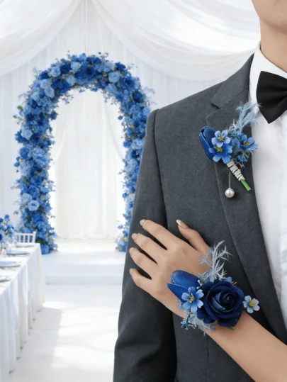 1 pieza/2 piezas Corsage y brazalete de estilo romántico con rosa azul marino, tulipán azul marino, flor azul, adecuado para novio, novia, padrino, dama de honor, boda, compromiso, banquete, fiesta, aniversario