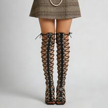Women Peep Toe Sandals Cut-Outs Cross-Tied Lace Up High Heeled Gladiator Sandals Zipper Over The Knee Bootie Summer - 黑色 - 查看 4