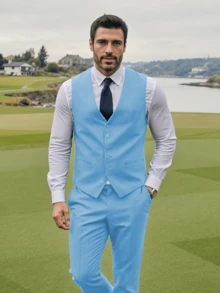 Men's Suit 4 Piece Set Light Blue With Tie Slim Fit One Button Business Suits With Adjustable Single Breasted Vest & Flat Front Pants For Wedding, Prom, Job Interview Attire (Blazer+Vest+Pants) (XS-3XL) - Màu xanh nhạt với cà vạt - Xem 2