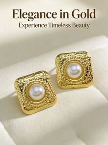 Retro Pearl Earrings - Thick Gold Geometric Oval Pearl Stud Earrings With Exaggerated Texture, Round And Unique Style Earrings, Fashionable Jewelry Gift, Baroque Pearl Earrings, Women's Large Golden Pearl Earrings, Irregular Large Pearl Earrings, Unique And Fashionable Jewelry.(1/3pairs) - Multicolor - View 3