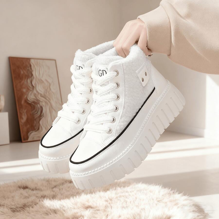 Autumn And Winter Fashion Casual Lamb Wool Lined High-Top Shoes, Faux Leather Patchwork Color-Block Metal Decor Lace-Up Platform Wedge Women's Shoes, Warm And Comfortable - 白色加絨款 - 查看 1