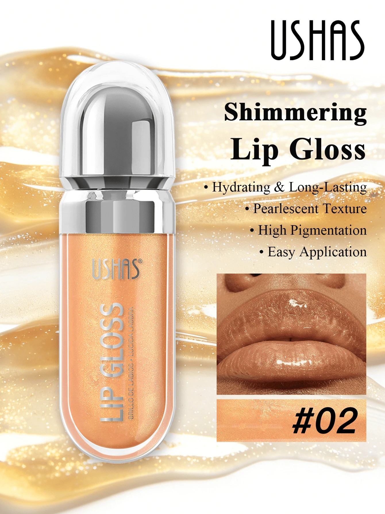 Son bóng USHAS Shimmery Pearl Gloss, Son tint có kết cấu mịn màng và dưỡng ẩm, lâu trôi và dễ thoa, nhanh khô và không dính, Son kem lấp lánh, Thích hợp cho trang điểm dự tiệc, ngày lễ và hàng ngày, Giáng sinh, Quà tặng ngày lễ tình nhân