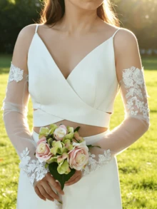 白色蕾丝新娘袖套一对，长款无弹力，优雅百搭，适合女士连衣裙、正式场合、派对等。 - 白色 - 查看 6