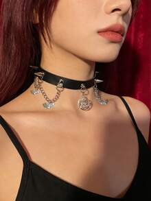 1PC Women Leather Choker Fashion Belts Style Choker Punk Jewelry With Chains Clavicle Choker Rock Neck Chain Bride Jewelry - Black - View 3