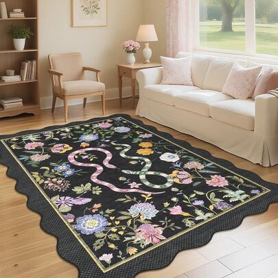 1 pieza Alfombra y tapete decorativo semicircular de piel de oveja sintética con estampado floral y de doble serpiente, de pelo bajo, suave, plegable y de fácil almacenamiento, lavable a máquina, apto para sala de estar, dormitorio, estudio, todo el año, amigable con las mascotas
