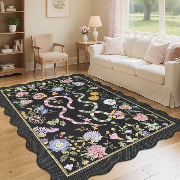 1pc Faux Wool Semicircle Floral & Double Snake Print Decorative Rug & Mat, Low Pile Carpet, Soft Foldable & Easy Storage, Machine Washable, Suitable For Living Room, Bedroom, Study, All Season, Pet Friendly