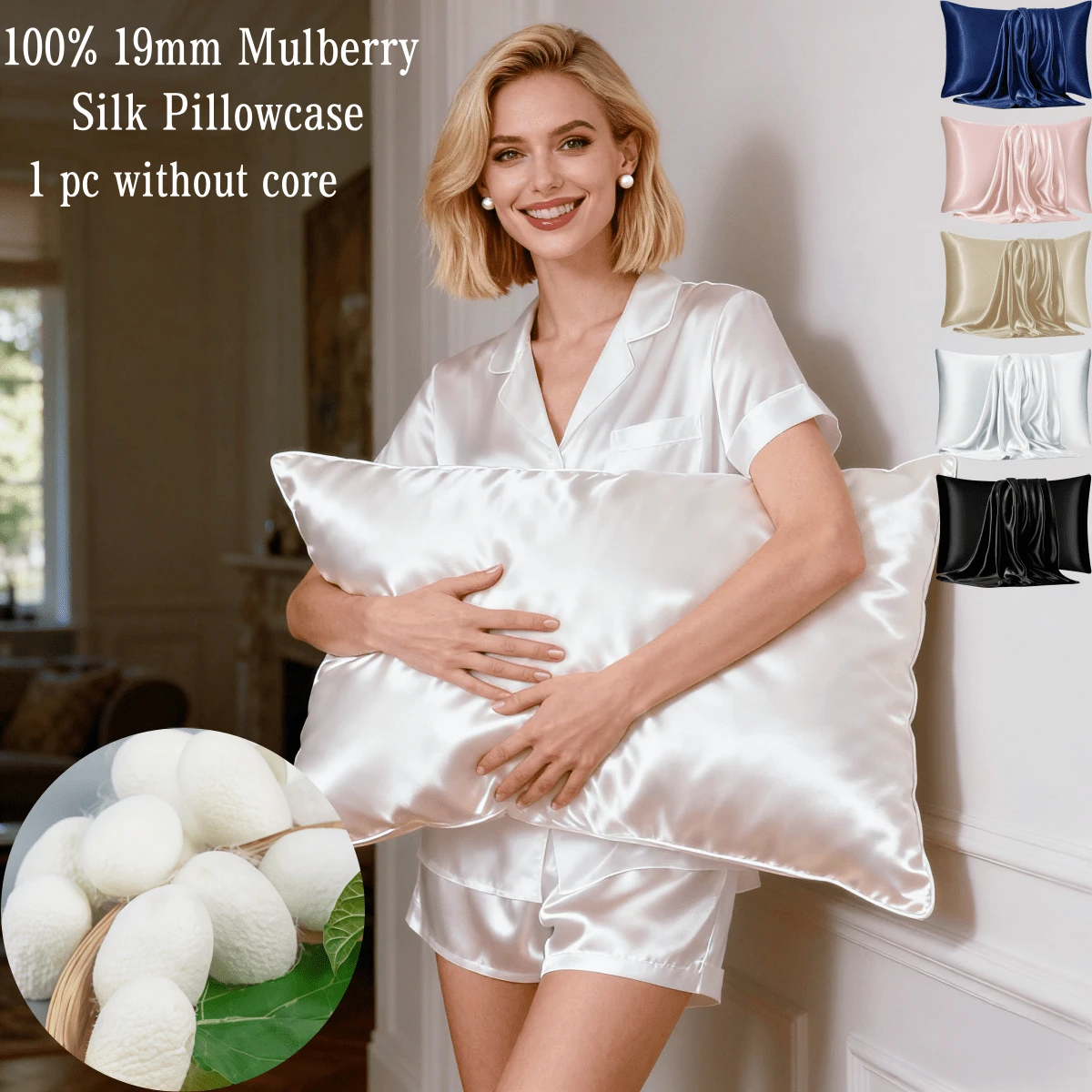 1 buah Sarung Bantal Sutra Mulberry 100% 19mm, Sarung Bantal Sutra Dua Sisi dengan Resleting Tersembunyi, Baik untuk Kulit dan Rambut, Cocok untuk Wanita dan Pria (Isi Bantal Tidak Termasuk) - Putih Krem - View 1