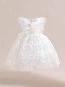 Young Girls Beaded Embroidered Mesh Cap Sleeve Elegant Flower Girl Wedding Princess Dress, Suitable For Birthday, Prom, Vacation, Party, Does Not Include Headband - White - View 5