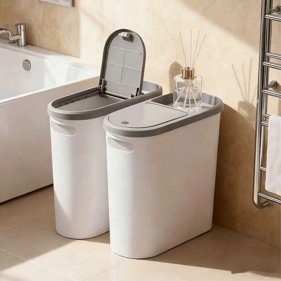 Large Capacity White And Gray Bathroom Bin With Lid And Handle - Stylish Push-Open Design, Perfect For Small Areas - Thùng rác có nắp đậy - Xem 1