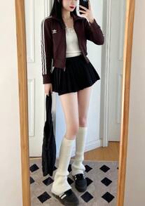 Adidas Originals ADICOLOR Top KNIT Striped Retro Stand Collar Zipper Long Sleeve Jacket For Women, Dark Grey/Brown - Dark Gray Brown - View 2