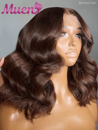 200密度 13x4 巧克力棕色水波纹蕾丝前假发，无需胶水，5x5 高清透明蕾丝前假发，巴西预拔毛棕色人发混纺假发，带婴儿发。