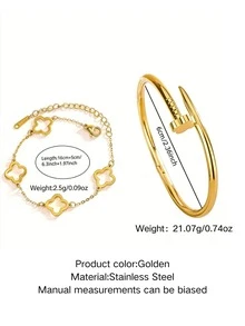 Bộ trang sức bằng thép không gỉ thanh lịch gồm vòng tay đính đá hình hoa bốn lá và vòng tay hình hoa bốn lá rỗng, thích hợp cho phụ nữ đeo hàng ngày hoặc tham dự các buổi tiệc và họp mặt. - Vàng - Xem 2
