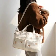 Beige Quilted Diaper Bag For Moms – Washable Baby Organizer Handbag, Crossbody & Shoulder Bag For Stroller, Travel & Daily Outings - 小熊 - 查看 5