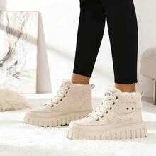 Autumn And Winter Fashion Casual Lamb Wool Lined High-Top Shoes, Faux Leather Patchwork Color-Block Metal Decor Lace-Up Platform Wedge Women's Shoes, Warm And Comfortable - 卡其加絨款 - 查看 4