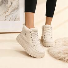 Autumn And Winter Fashion Casual Lamb Wool Lined High-Top Shoes, Faux Leather Patchwork Color-Block Metal Decor Lace-Up Platform Wedge Women's Shoes, Warm And Comfortable - 卡其加絨款 - 查看 2