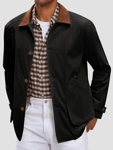 Runcati Men's Spring Vintage Military Cotton Barn Jacket Lightweight Button Down Casual Pockets Outdoor Outwear - 黑色 - 查看 2