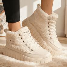 Autumn And Winter Fashion Casual Lamb Wool Lined High-Top Shoes, Faux Leather Patchwork Color-Block Metal Decor Lace-Up Platform Wedge Women's Shoes, Warm And Comfortable - 卡其加絨款 - 查看 3