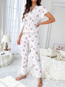 Elegant Cherry Print Women's Pajama Set - V-Neck Lace Trim Top And Slim Fit Pants, Comfortable Polyester Blend 2 Pieces Set - White - View 3