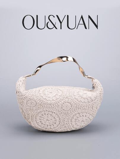 米色蕾丝钩编手提包，复古波西米亚风金属波浪手柄钱包，新月形云朵晚宴包，适合派对、婚礼、假日等场合，是理想的礼物之选。