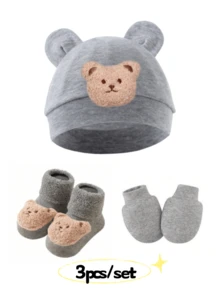 3pcs Baby Bear Ear Hat, Scratch Mittens & Booties Set, Infant Beanie Cap Suitable For 0-6 Months Babies - 3pcs/set - View 10