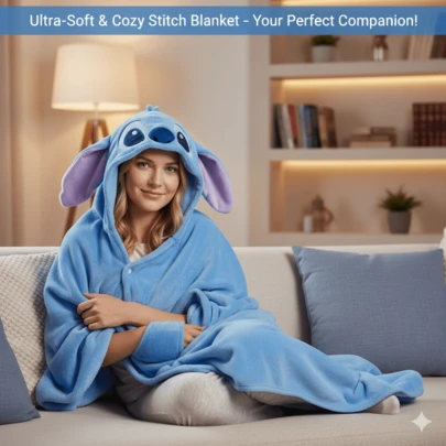 Disney 70*150厘米 史迪奇成人连帽毯，采用可爱的史迪奇卡通图案，蓝色毯子由柔软亲肤的涤纶面料制成，吸湿性好，适合小憩、包裹身体和作为浴袍使用。