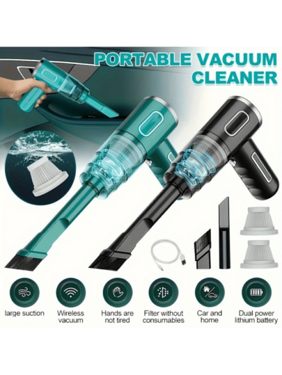 Aspiradora portátil para coche, mini aspiradora de mano. Aspiradora de doble función con funciones de soplado y aspiración, aspiradora automática de alta potencia para el pelo de mascotas, filtro lavable, dos modos: soplador y aspiradora. Negro.