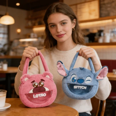 Disney Series Plush One Shoulder Tote Bag For Women, Cute Strawberry Bear & Stitch Plush Large Capacity Commuter Bag