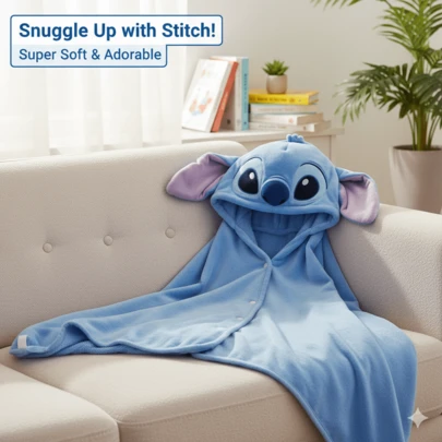 Disney 史迪奇成人连帽毯 70*150cm，采用可爱的史迪奇卡通图案，蓝色毯子，柔软亲肤的涤纶面料，吸水性强，适合各种场合，如午睡、包裹和浴袍。