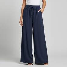 Women's Wide-Leg Pants In Premium Duna Fabric, High Waist, Elastic Waistband, Elegant, Wrinkle-Free, Casual/Office Style - 寶藍色 - 查看 15