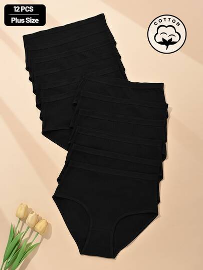 Teowryxou 12pcs/Pack Plus Size Women High Waist Cotton Ribbed Black Panties, Comfortable Breathable Elastic Underwear For Daily Wear