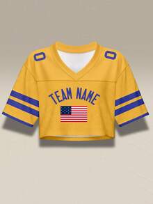 Áo croptop bóng đá màu vàng tùy chỉnh cho nữ, in hình thành phố theo phong cách đường phố, tên và số tùy chỉnh, giao hàng nhanh, thiết kế trễ vai. - Màu vàng - Xem 3