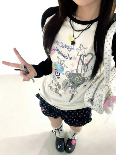 Y2K Aesthetic Graffiti Print Raglan Sleeve T-Shirt, Casual Loose Fit Women Long Sleeve T-Shirt With Cute Star And Heart Pattern