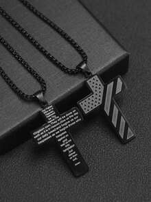 1pc Men's Stainless Steel Cross & Bible Verse American Style Pendant Necklace - Black Cross - View 2