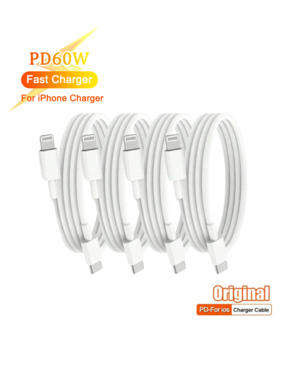 Cabo de dados em PVC branco, pacote com 4/3/2/1 unidade, carregamento rápido de 60 W, cabo de carregamento PD, cabo de dados Lightning compatível com iPhone 14, 13, 12, 11 Pro Max, Mini, 14, 8 Plus, X, XR, XS. Cabo USB-C durável que suporta carregamento e sincronização rápidos, ideal para jogos e acessórios de fone de ouvido. Presente perfeito para aniversários, casamentos e outras celebrações.