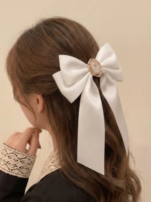 1 pieza Lazo grande de satén blanco para mujer - Elegante broche de cinta vintage francés con perla falsa y camafeo de rosa dorada - Accesorio para el cabello de tamaño extra grande para boda, novia, fiesta, uso diario, pinzas para el cabello, pasadores, accesorios para la cabeza, horquillas, verano, vacaciones, viajes - Blanco - Ver 5