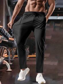 Men's Black Quick-Dry Casual Sports Pants, Drawstring Waist, Side Zipper Pockets, Adjustable Drawstring Waistband, Versatile For Daily Fitness & Casual Wear - Black - View 7