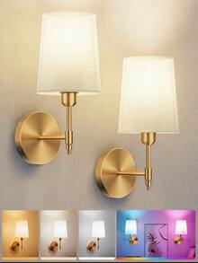 2pcs/1pc Battery Powered Wall Lamp, No Wiring Needed, Rechargeable Dimmable Wall Light With RGB Bulb And Remote Control, Brushed Gold Body With White Minimalist Fabric Shade. Suitable For Modern, Classic And Other Indoor Styles To Enhance The Overall Appearance Of Living Room, Bedroom, Hallway, Foyer, Etc. (Gold) - Wall Lamp - View 2