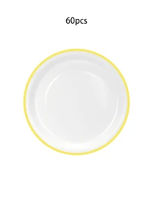 Set Piring Kertas Sekali Pakai Warna Kuning dan Putih Isi 20/40/60 Buah, Termasuk Piring Makan dan Piring Dessert, Cocok untuk Pesta, Ulang Tahun, Pernikahan, Liburan, dan Acara Lainnya - Latar belakang putih dengan batas kuning - View 10