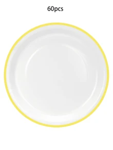 Set Piring Kertas Sekali Pakai Warna Kuning dan Putih Isi 20/40/60 Buah, Termasuk Piring Makan dan Piring Dessert, Cocok untuk Pesta, Ulang Tahun, Pernikahan, Liburan, dan Acara Lainnya - Latar belakang putih dengan batas kuning - View 9