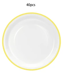 Set Piring Kertas Sekali Pakai Warna Kuning dan Putih Isi 20/40/60 Buah, Termasuk Piring Makan dan Piring Dessert, Cocok untuk Pesta, Ulang Tahun, Pernikahan, Liburan, dan Acara Lainnya - Latar belakang putih dengan batas kuning - View 7