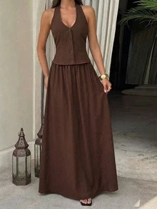 Unadoll Women's Summer Sexy Low Collar Button Up Neck Bareback Top And Folded Half Skirt Brown Sexy Elegant Two Pieces Set, Suitable For Date, Vacation, Birthday, Valentine's Day, And Outing - Brown - View 10